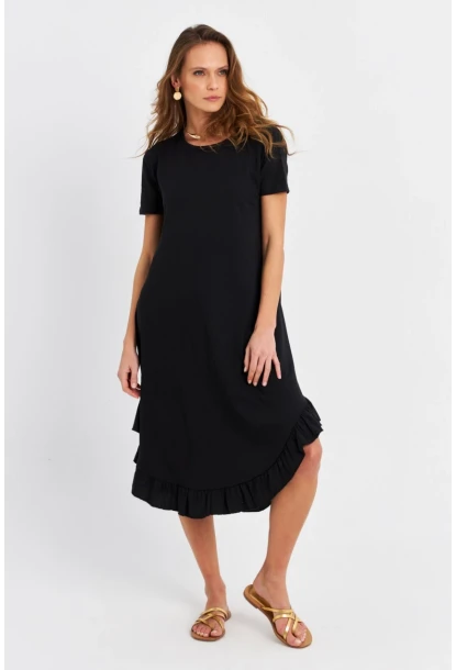 Kadın Siyah Fırfırlı Basic Elbise MALB5005