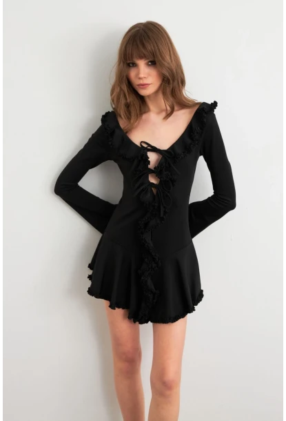 Kadın Siyah Fırfırlı Mini Elbise DCF121