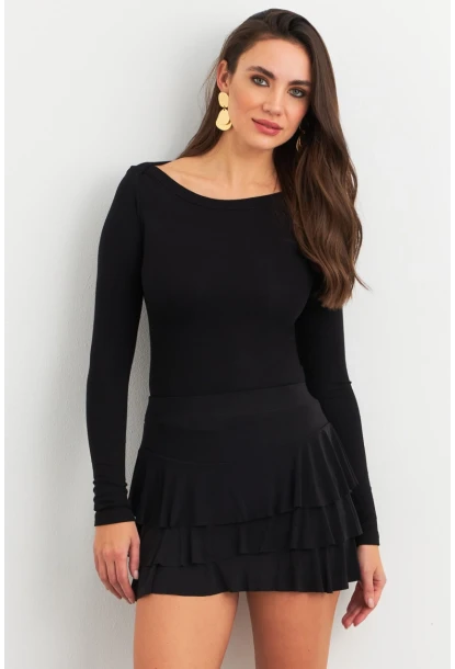 Kadın Siyah Fırfırlı Şort Etek ELT3915