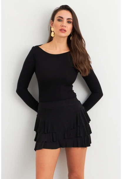 Kadın Siyah Fırfırlı Şort Etek ELT3915
