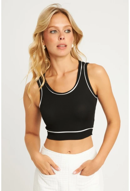 Kadın Siyah Fitilli Crop Bluz CG359