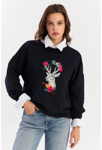 Kadın Siyah-Fuşya Nakışlı Sweatshirt YLE20