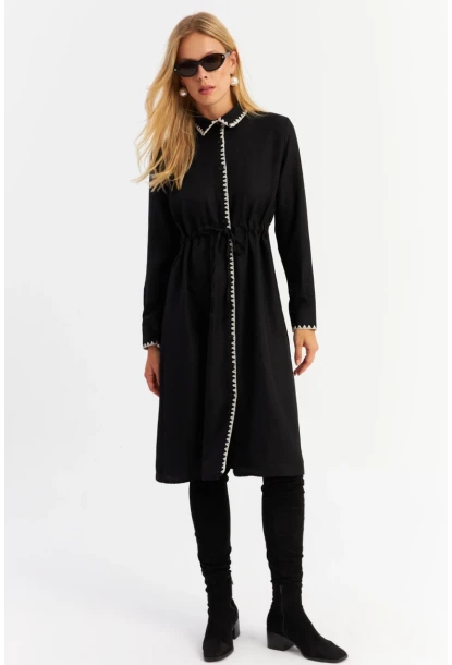 Kadın Siyah Garnili Gömlek Midi Elbise MASF10