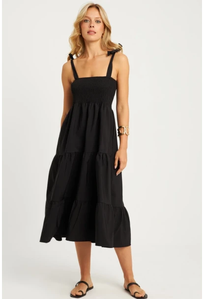 Kadın Siyah Gipeli Volanlı Midi Elbise SGT407