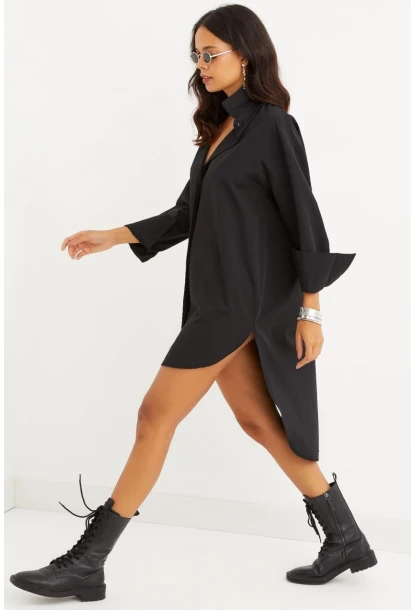 Kadın Siyah Gizli Düğmeli Tunik Gömlek Elbise SF1292