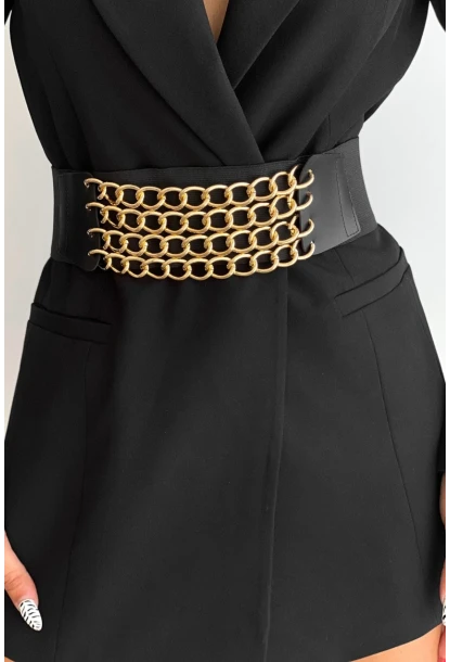 Kadın Siyah-Gold Dört Zincirli Lastikli Kemer BE648