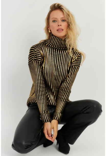 Kadın Siyah-Gold Düğme Detaylı Varaklı Triko Kazak SF2532