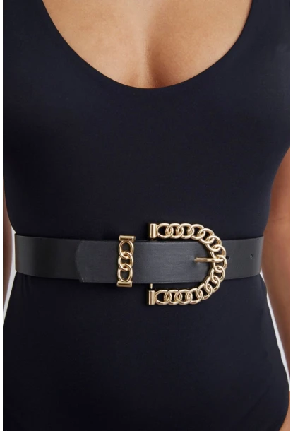 Kadın Siyah-Gold Oval Tokalı Kemer BE519