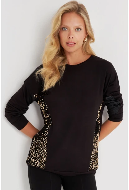 Kadın Siyah-Gold Payetli Uzun Bluz ST3124