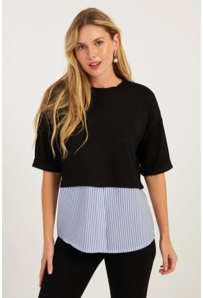 Kadın Siyah Gömlek Dataylı Bluz ST835