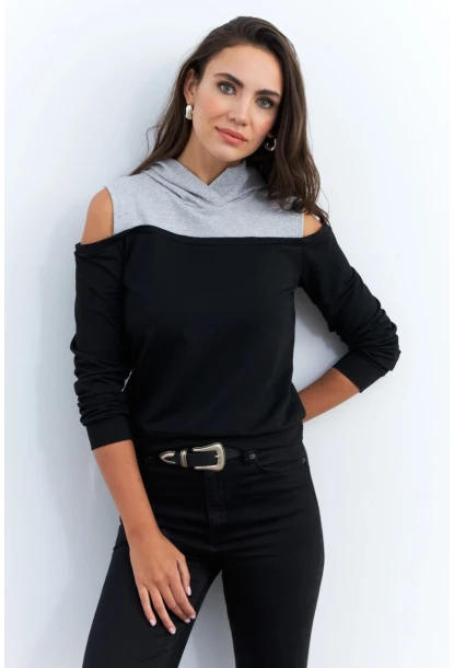 Kadın Siyah-Gri Omuzları Açık Sweatshirt TF15