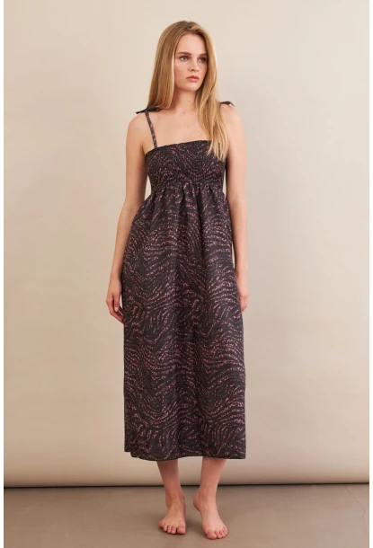 Kadın Siyah-Gülkurusu Straplez Çizgili Plaj Elbisesi OR502