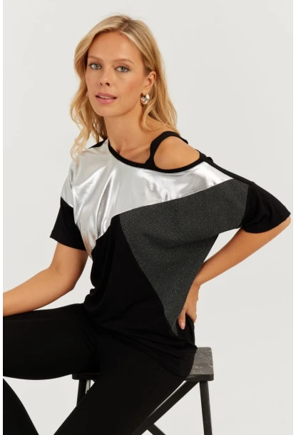Kadın Siyah-Gümüş Suni Deri Bloklu Bluz ST834