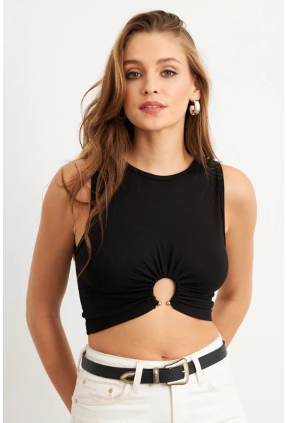 Kadın Siyah Halkalı Crop Bluz EY3094