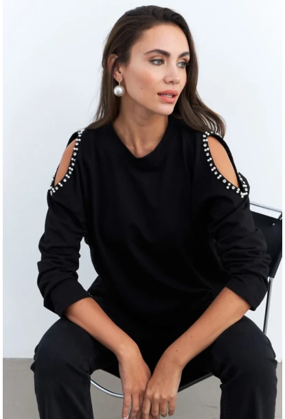 Kadın Siyah İnci Aksesuarlı Sweatshirt RLO85