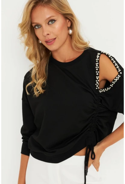 Kadın Siyah İnci Detaylı Büzgülü Sweatshirt RLO04