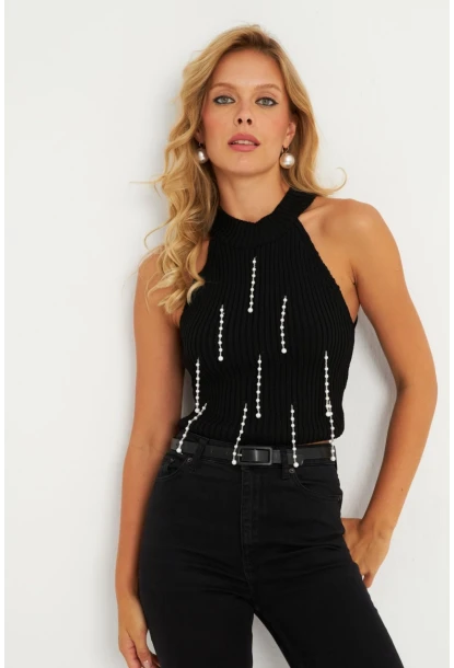 Kadın Siyah İnci Detaylı Triko Bluz KAZ005
