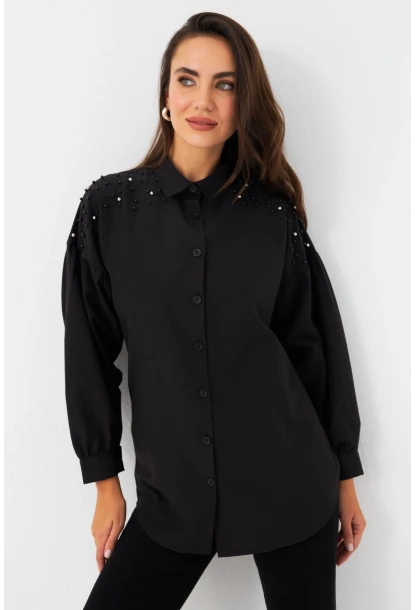 Kadın Siyah İncili Balon Kol Gömlek MASF16