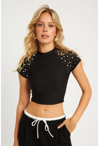 Kadın Siyah İncili Kısa Bluz HOL2112