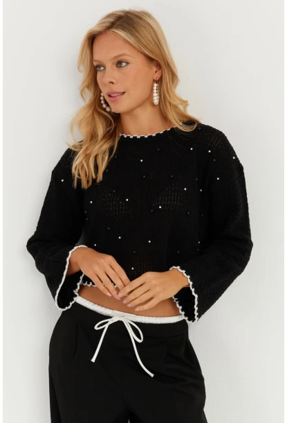 Kadın Siyah İncili Triko Bluz MİW7561