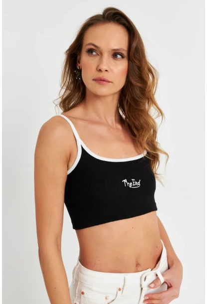 Kadın Siyah İp Askılı Crop Bluz ALB201