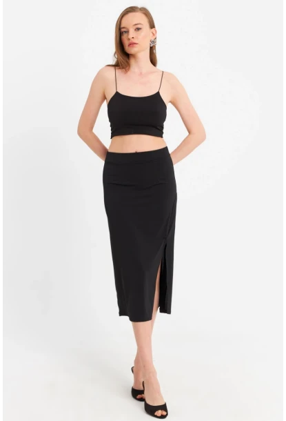 Kadın Siyah İp Askılı Crop Etek Takım MRS10004-1