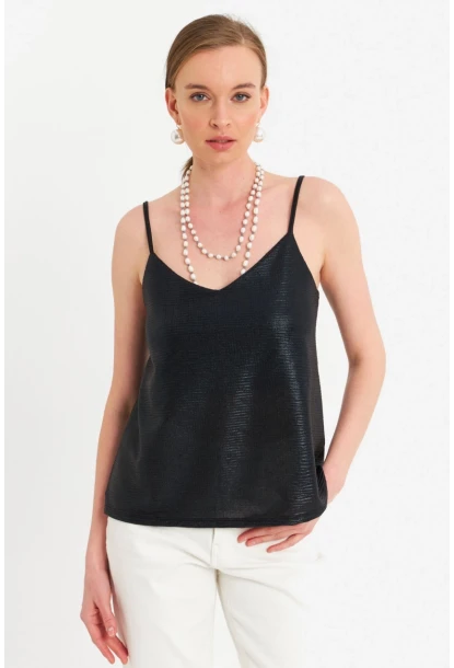 Kadın Siyah İp Askılı Parlak Bluz RSP1094