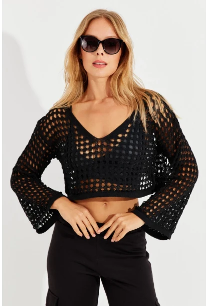 Kadın Siyah İspanyol Kol Ajurlu Triko Bluz YV203