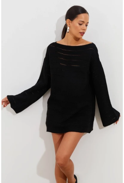 Kadın Siyah İspanyol Kol Ajurlu Triko Uzun Bluz SMT199