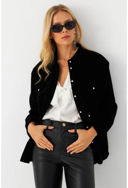 Kadın Siyah Kadife Gömlek CAR1074