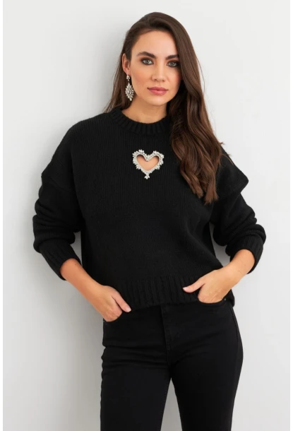 Kadın Siyah Kalp Pencereli Kazak TEM101