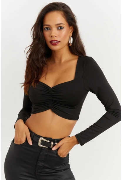 Kadın Siyah Kalp Yaka Crop Bluz CG260
