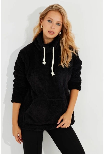 Kadın Siyah Kanguru Cep Peluş Sweatshirt Q978