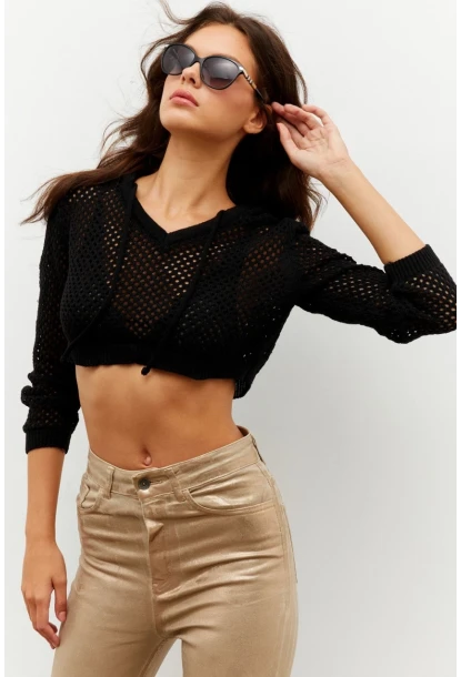 Kadın Siyah Kapüşonlu File Kısa Bluz YV153