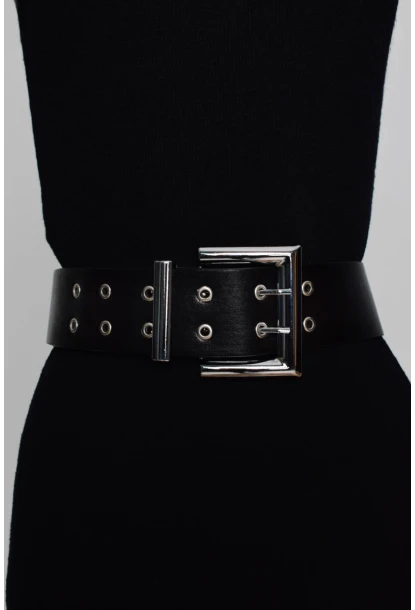 Kadın Siyah Kare Tokalı Kuş Gözlü Kemer BE311