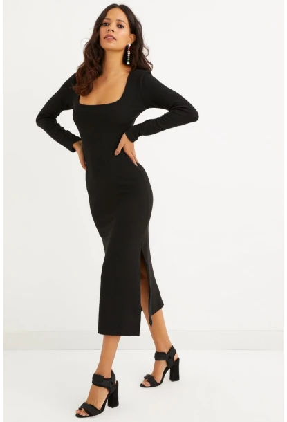 Kadın Siyah Kare Yaka Çift Yırtmaçlı Midi Elbise Yİ2360