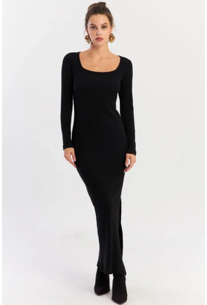 Kadın Siyah Kare Yaka Maxi Elbise XL2211