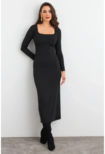 Kadın Siyah Kare Yaka Midi Elbise XC8102