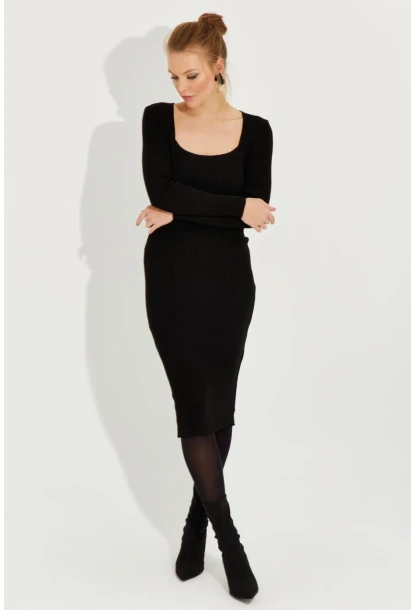 Kadın Siyah Kare Yaka Triko Midi Elbise SF2520