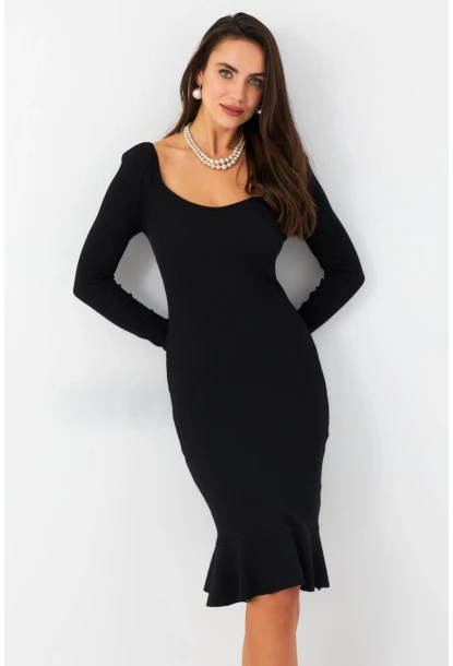 Kadın Siyah Kaşkorse Midi Elbise EY2976