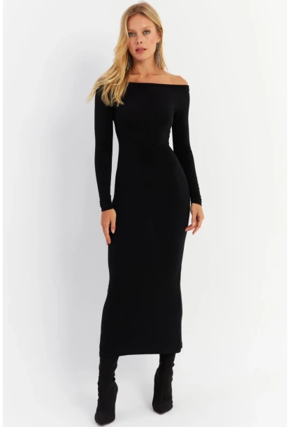 Kadın Siyah Kayık Yaka Maxi Yılbaşı Elbise HOR03