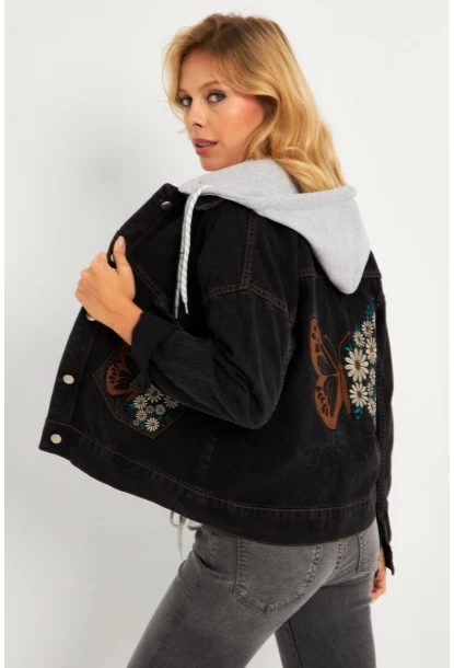 Kadın Siyah Kelebek Nakışlı Kapüşonlu Kot Ceket İS423