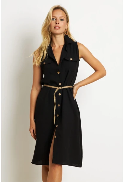 Kadın Siyah Kemerli Gömlek Midi Elbise SGT404