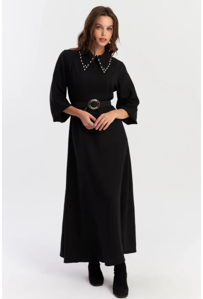 Kadın Siyah Kemerli İncili Maxi Elbise ALZ341