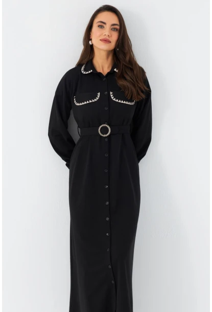 Kadın Siyah Kemerli Maxi Gömlek Elbise MASF17