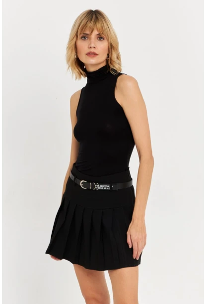 Kadın Siyah Kemerli Pilili Mini Etek ELA6024