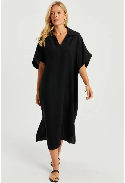 Kadın Siyah Keten Midi Elbise DMR85