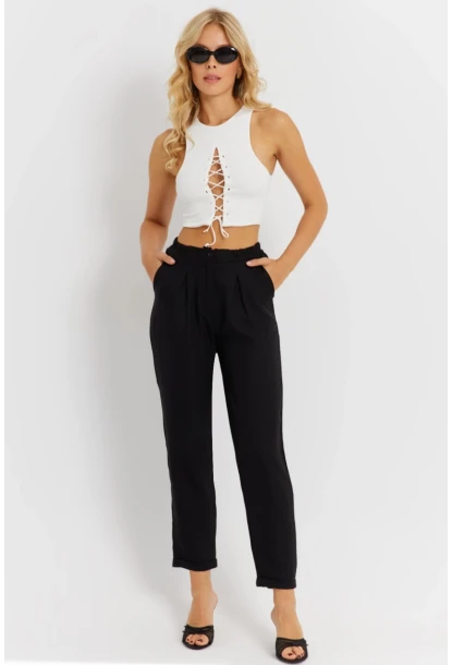 Kadın Siyah Keten Pantolon DMR340