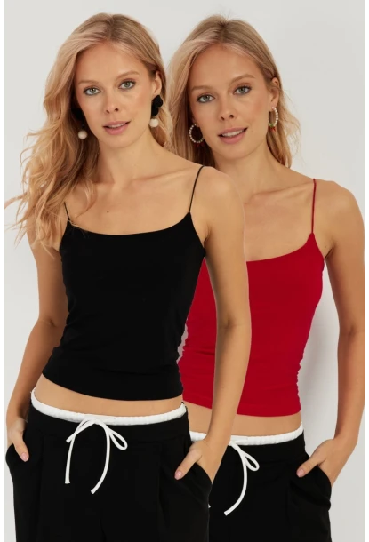Kadın Siyah-Kırmızı İkili İp Askılı Bluz GÇ158