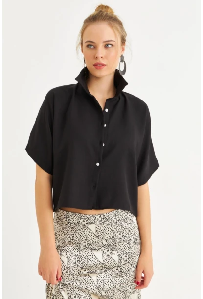Kadın Siyah Kısa Kollu Crop Gömlek CNG117